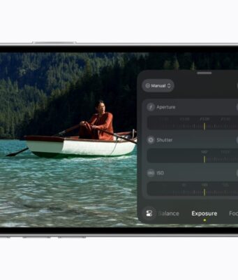 Final Cut Camera 2.4 Adds iPhone 18 Pro Aperture Control, but Scopes and SDI Need iOS 27 iPhone 18 Pro showing the Final Cut Camera exposure panel with aperture, shutter and ISO controls over a rowing boat scene
