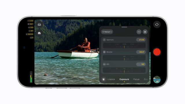 iPhone 18 Pro showing the Final Cut Camera exposure panel with aperture, shutter and ISO controls over a rowing boat scene