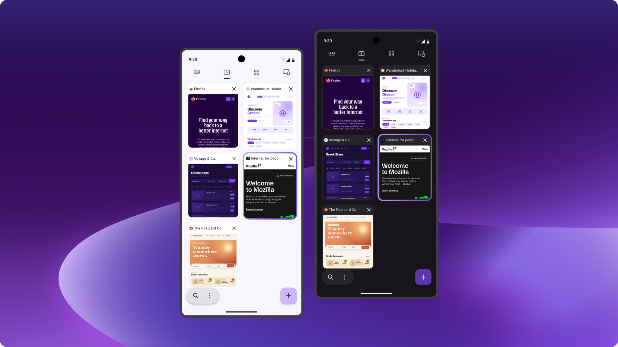 Firefox mobile tab overview in light and dark mode on two phones