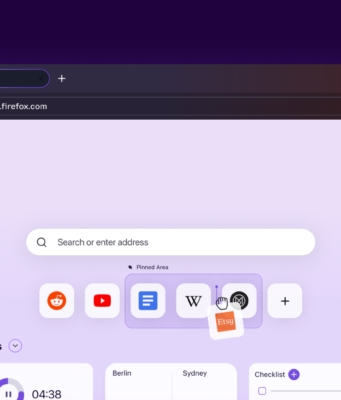 Firefox 157 New Tab page with a Pinned Area of shortcuts, weather widget, and VPN enabled