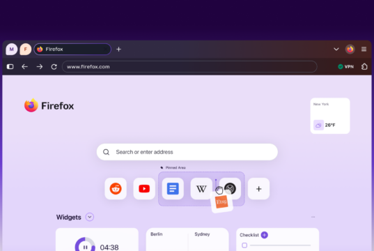 Firefox 157 New Tab page with a Pinned Area of shortcuts, weather widget, and VPN enabled