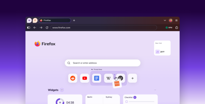 Firefox 157 Rolls Out Mozilla’s New Design on Desktop and Mobile Firefox 157 New Tab page with a Pinned Area of shortcuts, weather widget, and VPN enabled