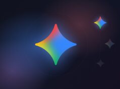 Glowing Gemini sparkle icon on a dark blue and violet background, with two smaller faded sparkles beside it