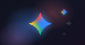 Glowing Gemini sparkle icon on a dark blue and violet background, with two smaller faded sparkles beside it