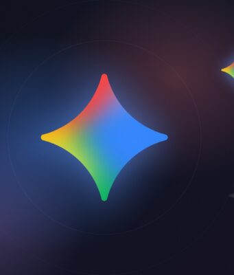Glowing Gemini sparkle icon on a dark blue and violet background, with two smaller faded sparkles beside it
