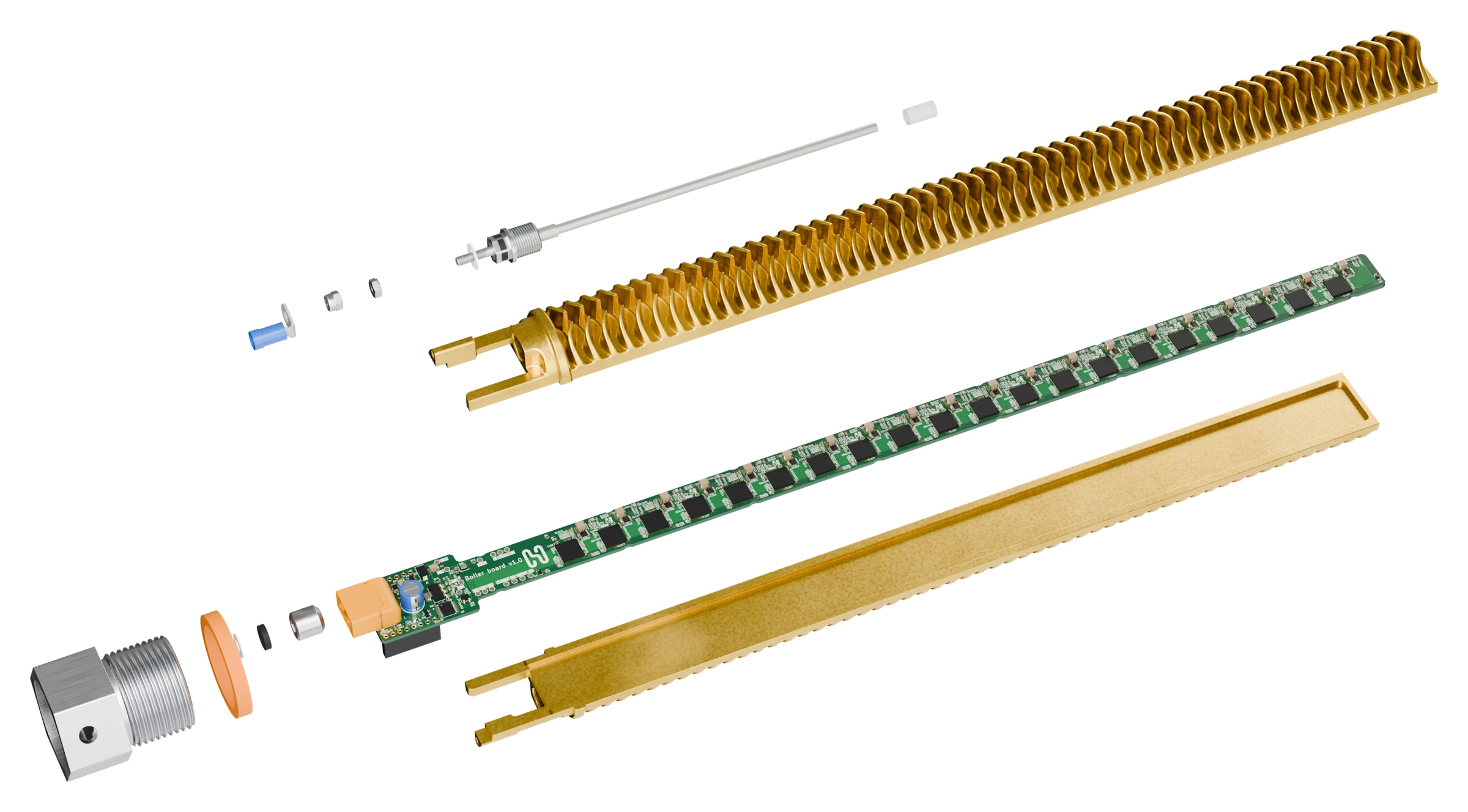 Exploded view of Bitwater with brass heat-transfer fins, a mining board and a threaded element head