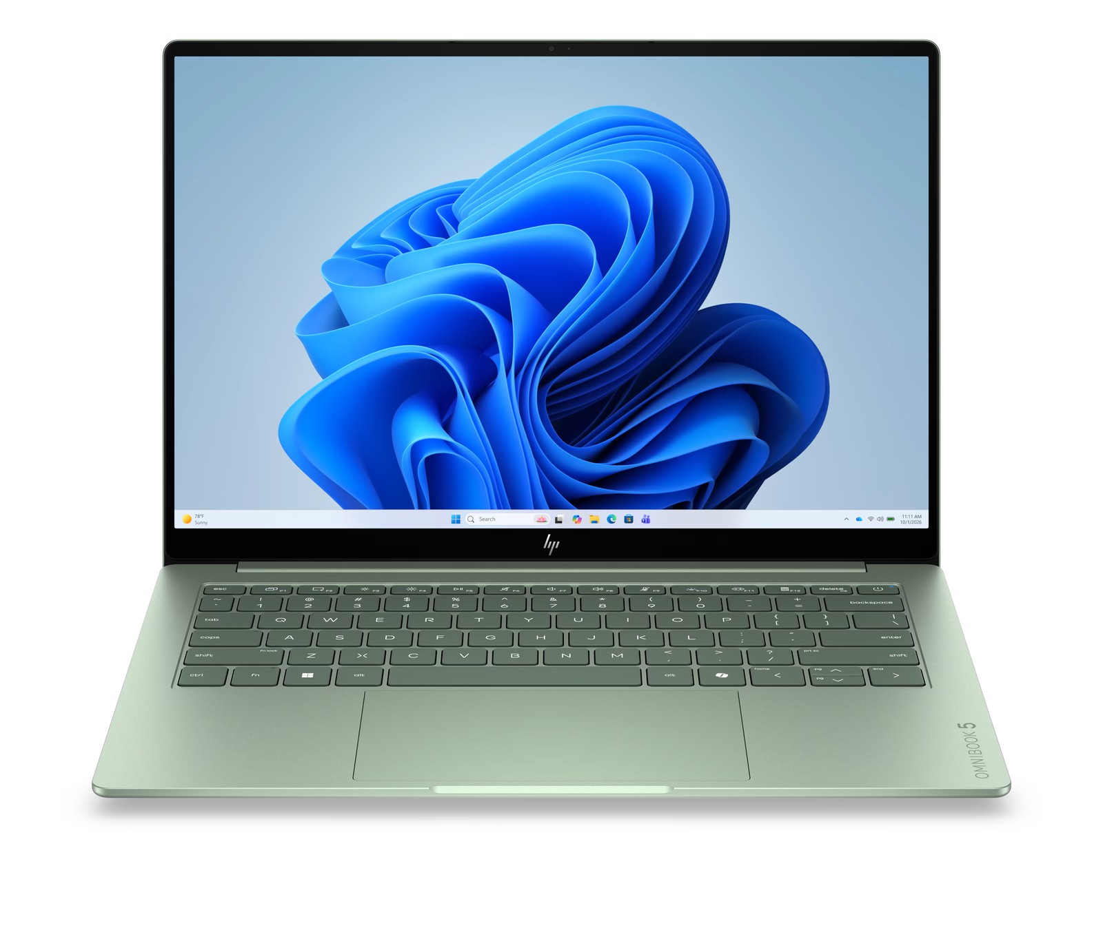 HP OmniBook 5 14-inch laptop in Soft Honeydew green, front view with the Windows desktop on screen