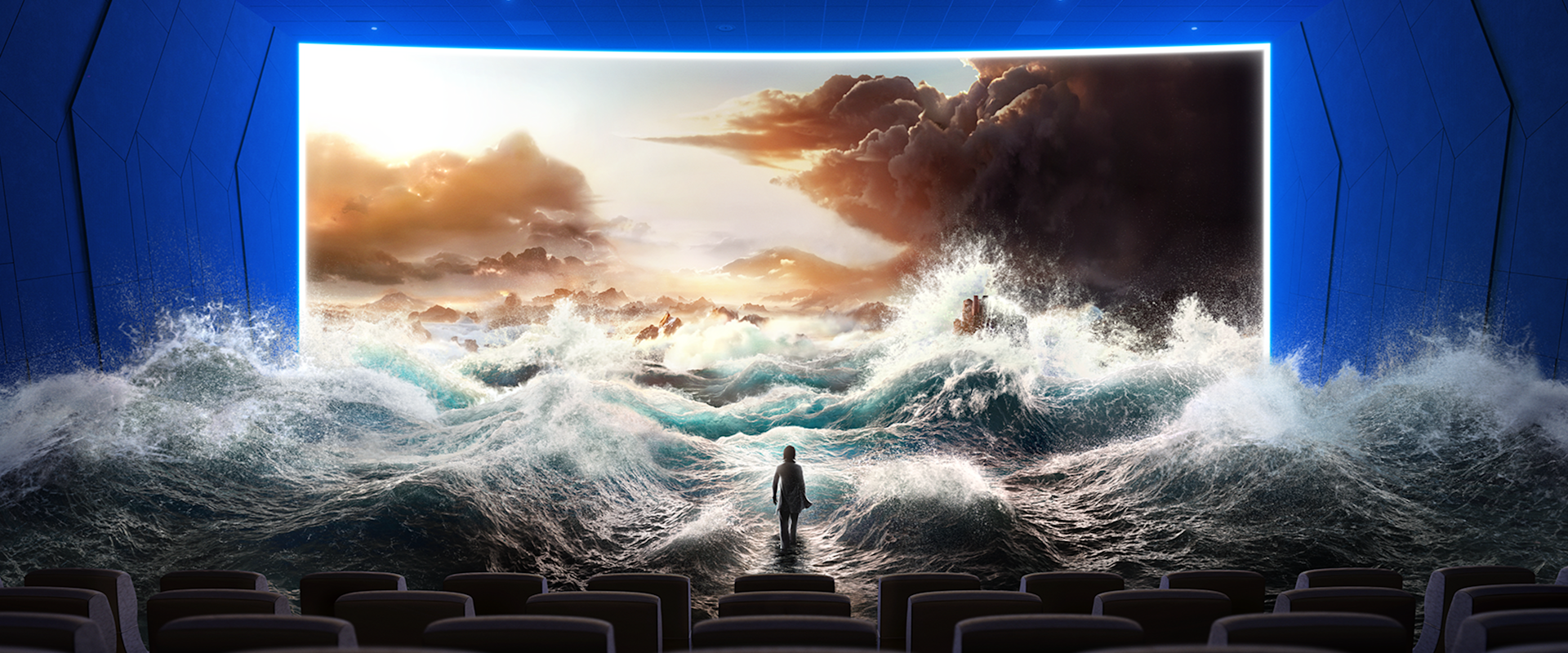 An IMAX auditorium illustration with a storm at sea filling the giant screen