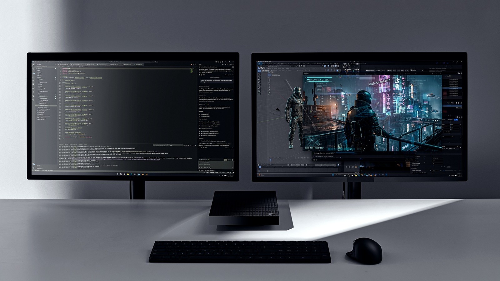 Surface RTX Spark Dev Box on a desk between two monitors showing code and a 3D scene