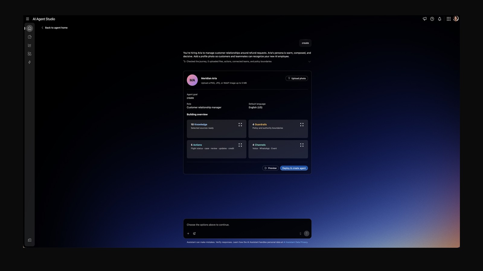 Webex AI Agent Studio screen for creating a customer relationship manager agent