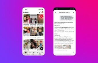 Instagram Edits Assistant Is US-Only for Now, and Its Paid Upgrade Has No Price Two phone screens on a pink and purple background showing the Edits Projects grid and the Edits assistant chat