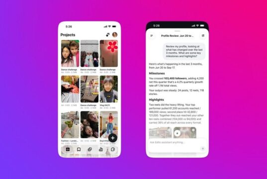 Two phone screens on a pink and purple background showing the Edits Projects grid and the Edits assistant chat