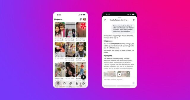 Two phone screens on a pink and purple background showing the Edits Projects grid and the Edits assistant chat