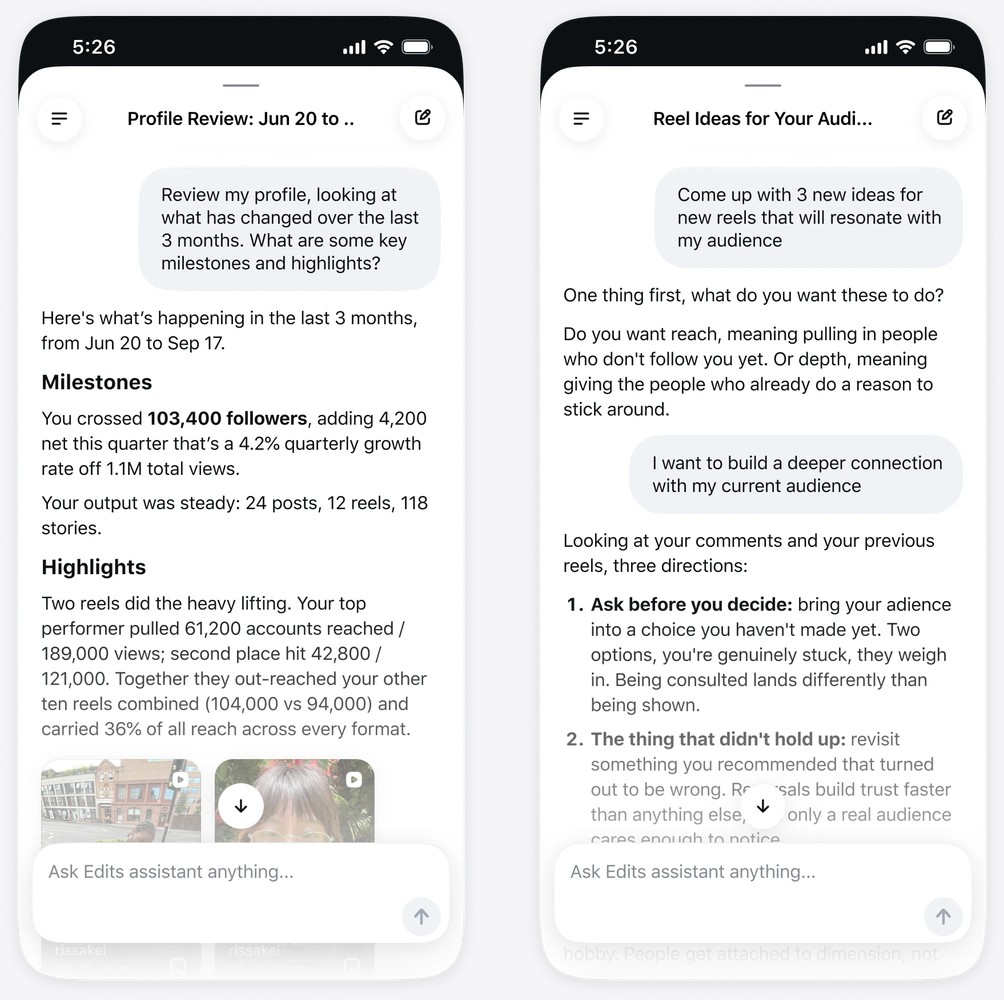 Two phone screens showing the Edits assistant answering a profile review prompt and suggesting reel ideas for an audience