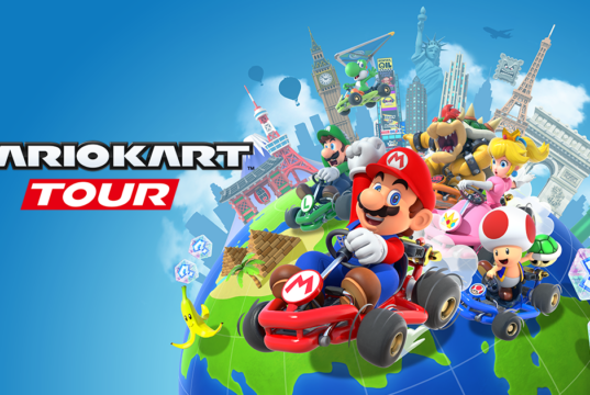 Mario Kart Tour artwork with Mario and other racers around a globe