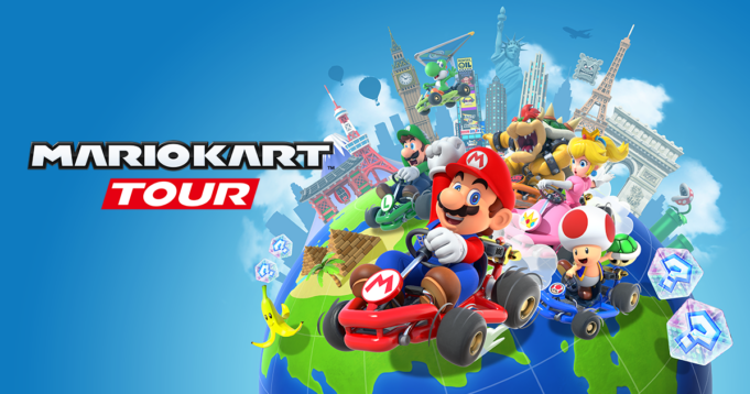 Mario Kart Tour artwork with Mario and other racers around a globe