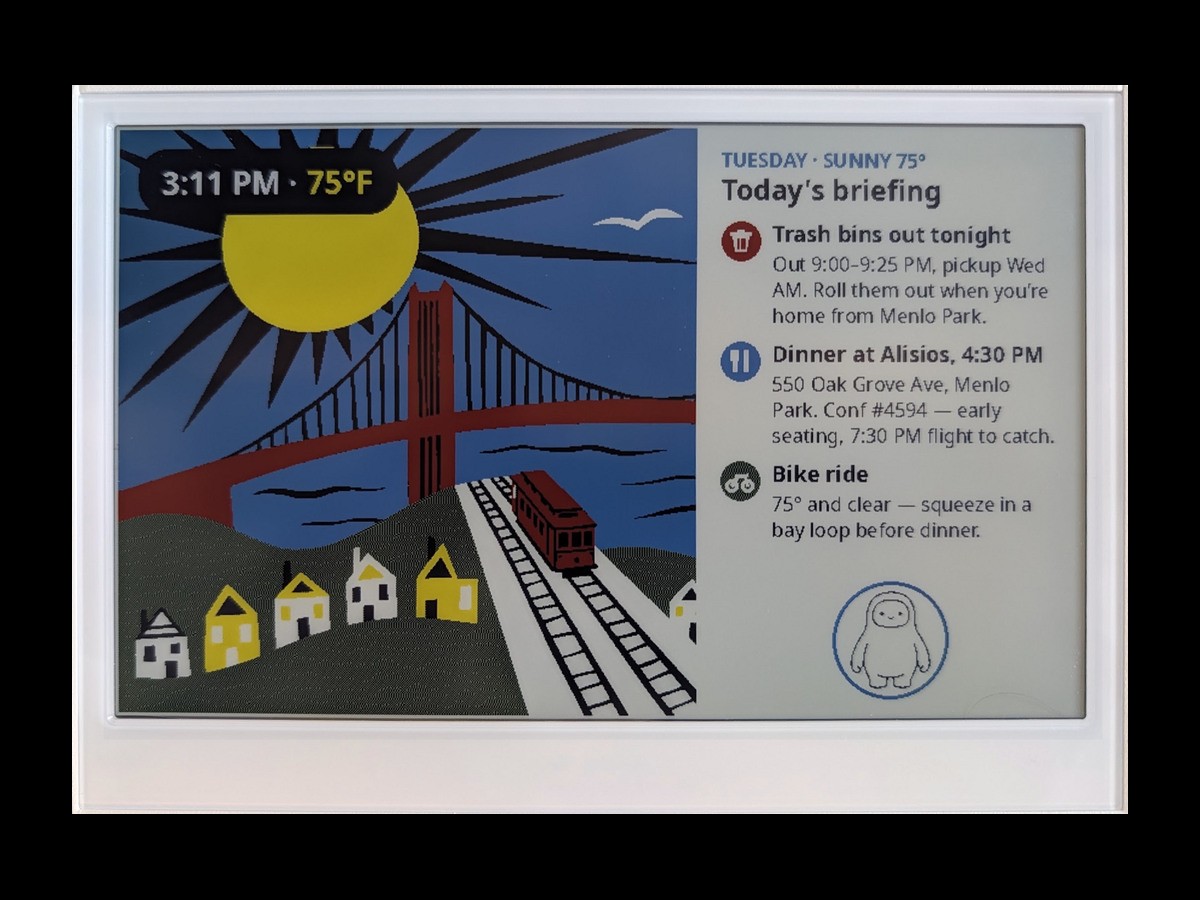 Seeed reTerminal color e-ink display showing a Muse daily briefing with weather, a dinner reservation and a bike ride