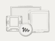 Line drawing of several small Muse gadget devices, including a round device with the Muse logo and rectangular touchscreens