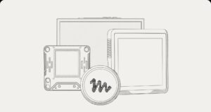 Line drawing of several small Muse gadget devices, including a round device with the Muse logo and rectangular touchscreens