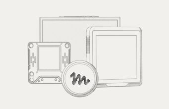Line drawing of several small Muse gadget devices, including a round device with the Muse logo and rectangular touchscreens