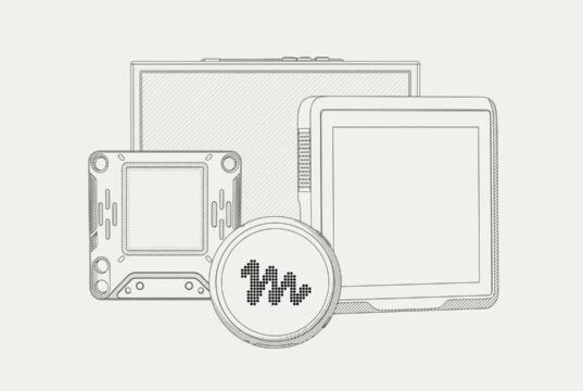 Line drawing of several small Muse gadget devices, including a round device with the Muse logo and rectangular touchscreens