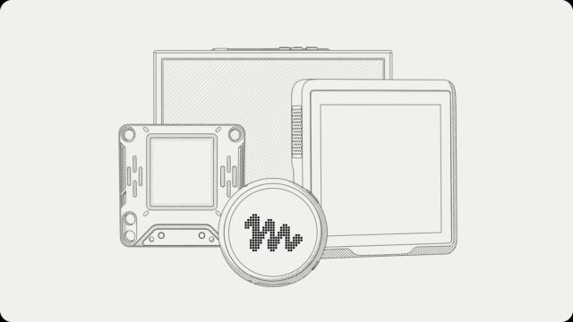 Line drawing of several small Muse gadget devices, including a round device with the Muse logo and rectangular touchscreens