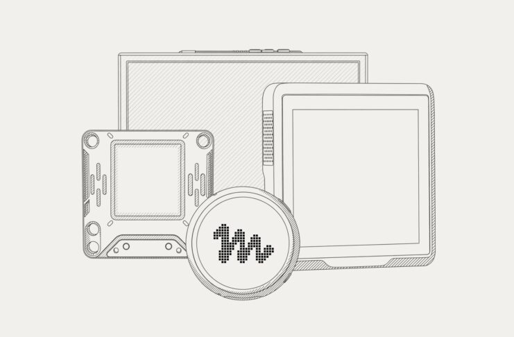 Line drawing of several small Muse gadget devices, including a round device with the Muse logo and rectangular touchscreens