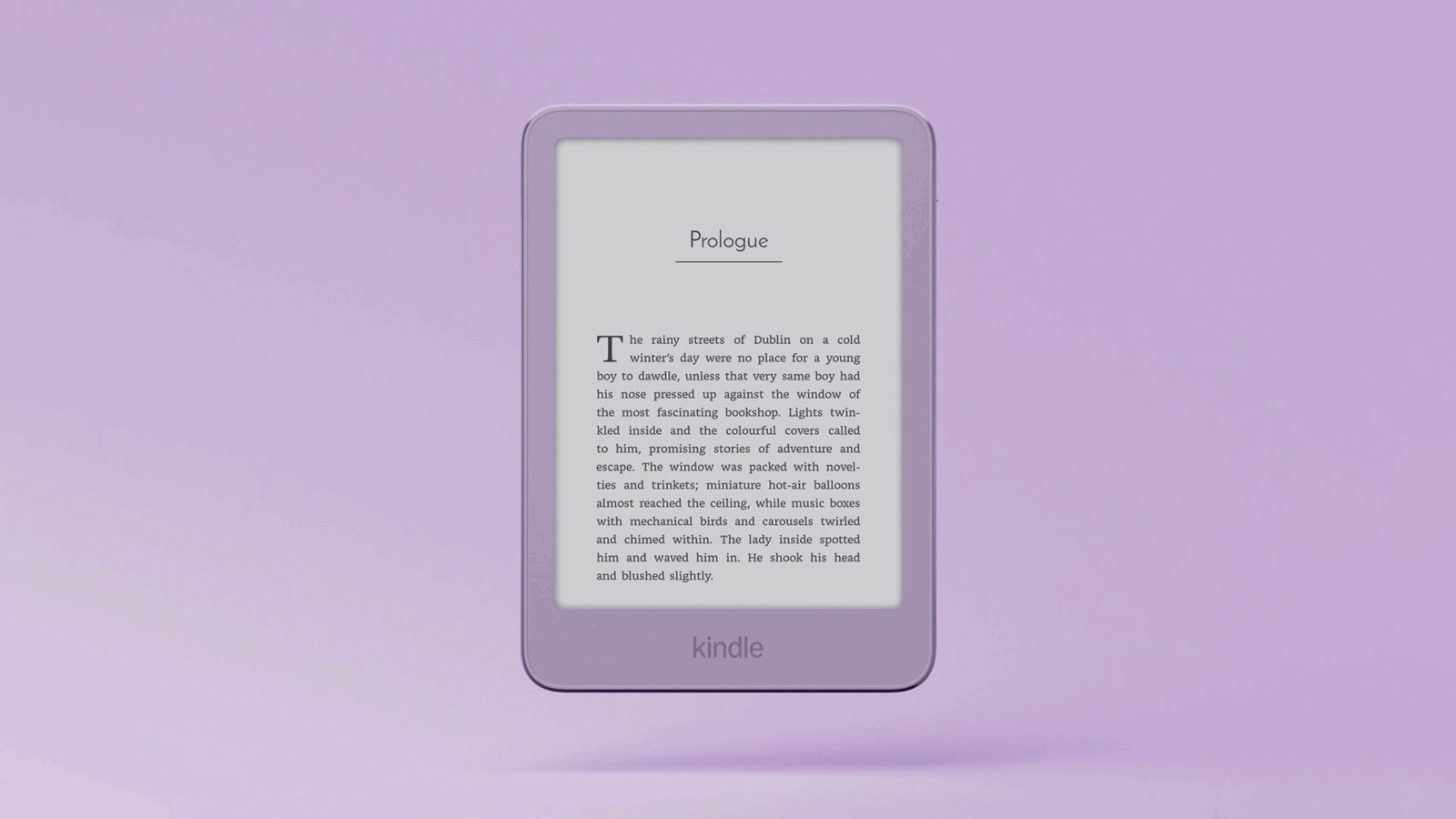Front view of the new 6-inch Kindle in Ube purple showing a page of text on its flush-front display