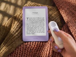 New Kindle Lineup Starts at $149.99, Paperwhite and Colorsoft Ship October 28 New 6-inch Kindle in Ube purple on a knit blanket next to a hand holding the Kindle Click page-turn remote