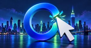 NYC click-to-cancel rule illustrated by a cursor breaking a blue loop above the New York skyline