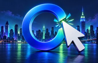 NYC click-to-cancel rule illustrated by a cursor breaking a blue loop above the New York skyline