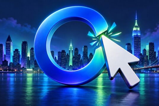 NYC click-to-cancel rule illustrated by a cursor breaking a blue loop above the New York skyline