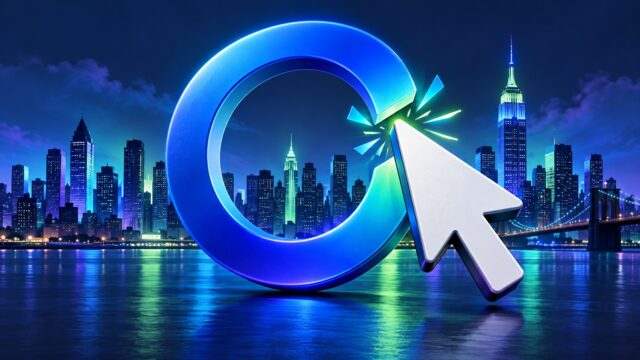 NYC click-to-cancel rule illustrated by a cursor breaking a blue loop above the New York skyline