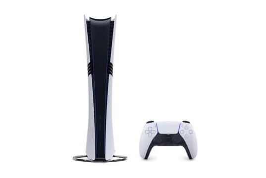 PlayStation 5 Pro console standing upright next to a DualSense wireless controller