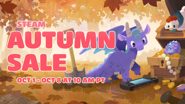 Official Steam Autumn Sale 2026 artwork showing a purple dragon, treasure chests and a Steam Deck with the text STEAM AUTUMN SALE OCT 1 - OCT 8 AT 10 AM PT
