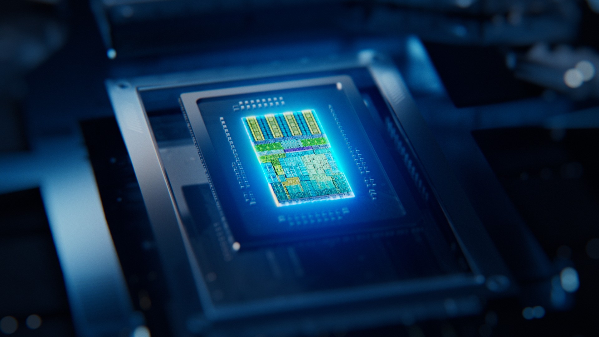 Close-up render of a glowing blue chip die on a circuit board inside the Surface Laptop Ultra