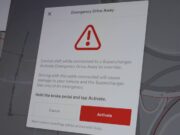 Tesla Emergency Drive Away dialog with a warning triangle, instructions to hold the brake and tap Activate, and a note about camera recordings