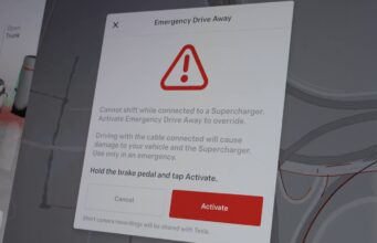 Tesla Emergency Drive Away Lets You Leave a Supercharger Plugged In, but Damage Can Reach $25,000 Tesla Emergency Drive Away dialog with a warning triangle, instructions to hold the brake and tap Activate, and a note about camera recordings