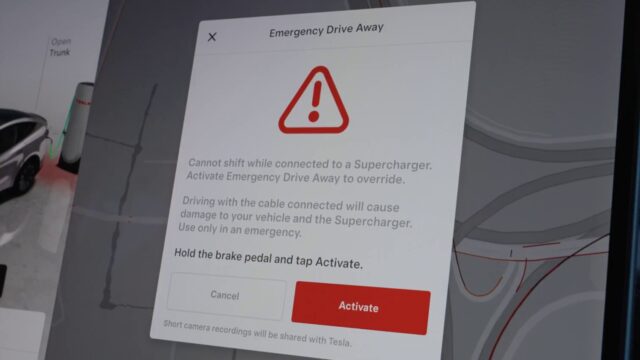tesla-emergency-drive-away-warning-dialog Tesla Emergency Drive Away dialog with a warning triangle, instructions to hold the brake and tap Activate, and a note about camera recordings