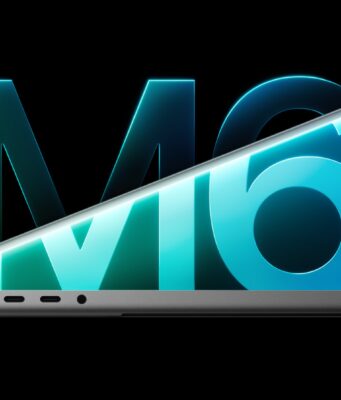 14-inch MacBook Pro M6 shown partly open against a glowing M6 logo