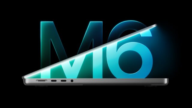 tmm-14-inch-macbook-pro-m6-hero-20261027 14-inch MacBook Pro M6 shown partly open against a glowing M6 logo