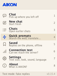 AIKON app home menu displayed in emulator test mode