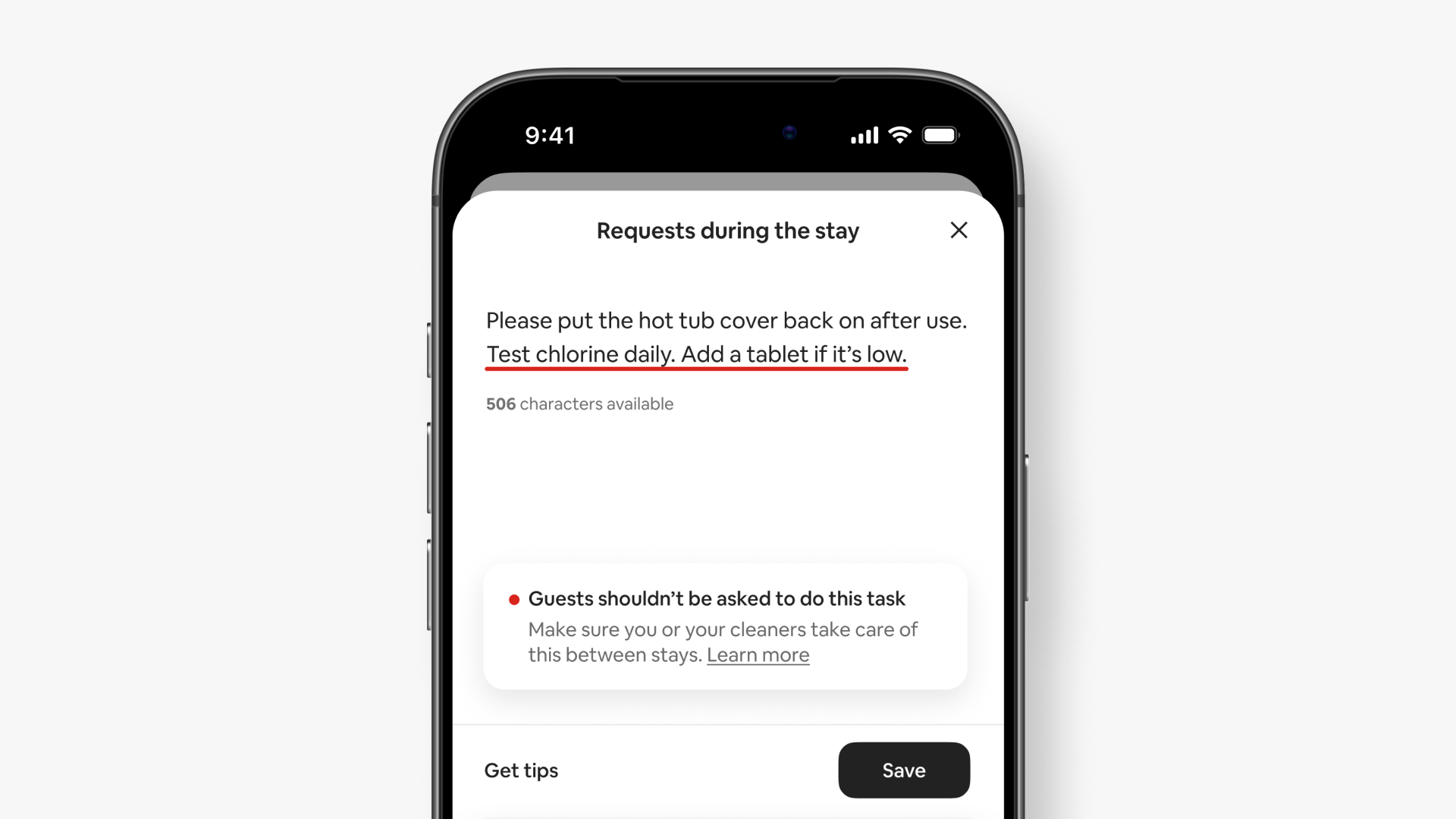 Illustrative English-language Airbnb Requests during the stay editor highlighting a chlorine-testing request with a warning that guests should not be asked to do the task
