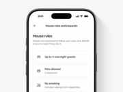 Airbnb's illustrative English-language House rules and requests phone screen showing overnight guest, pet and smoking rules