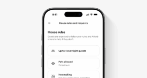 Airbnb's illustrative English-language House rules and requests phone screen showing overnight guest, pet and smoking rules