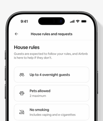 Airbnb's illustrative English-language House rules and requests phone screen showing overnight guest, pet and smoking rules