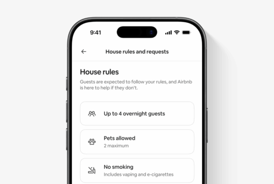 Airbnb's illustrative English-language House rules and requests phone screen showing overnight guest, pet and smoking rules