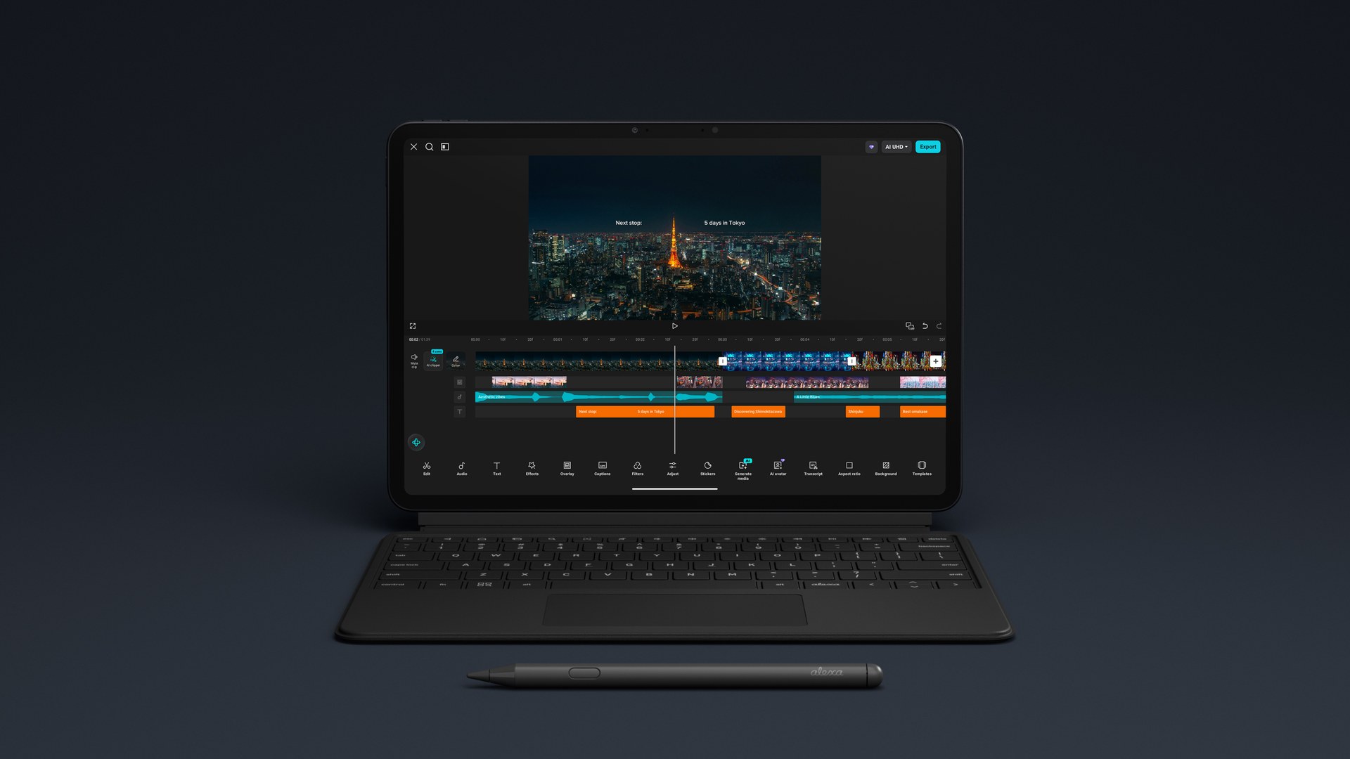 Amazon Alexa Tablet 12 Pro with its magnetic keyboard attached and the Pro Pen resting below, showing a video editing app