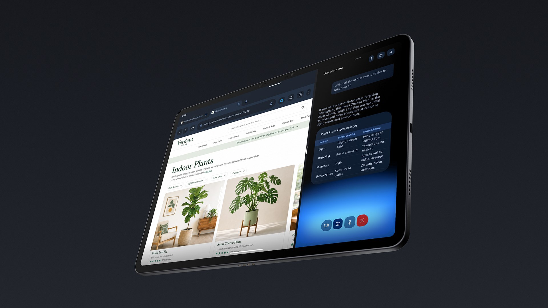 Amazon Alexa Tablet showing a shopping page on the left with an Alexa+ assistant panel open on the right