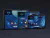 Three Amazon Alexa Tablets in different sizes and colors standing side by side, each showing a blue wallpaper and app icons